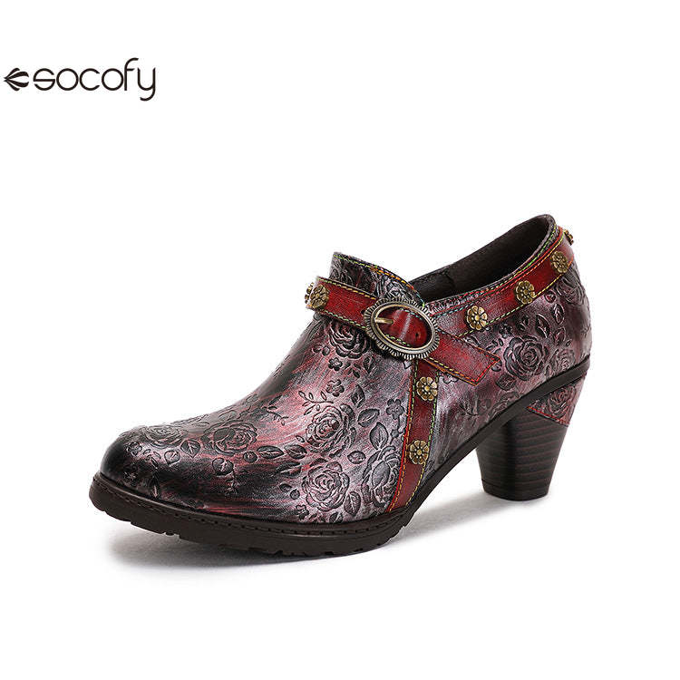 Socofy Ethnic style thick heel retro shoes pumps