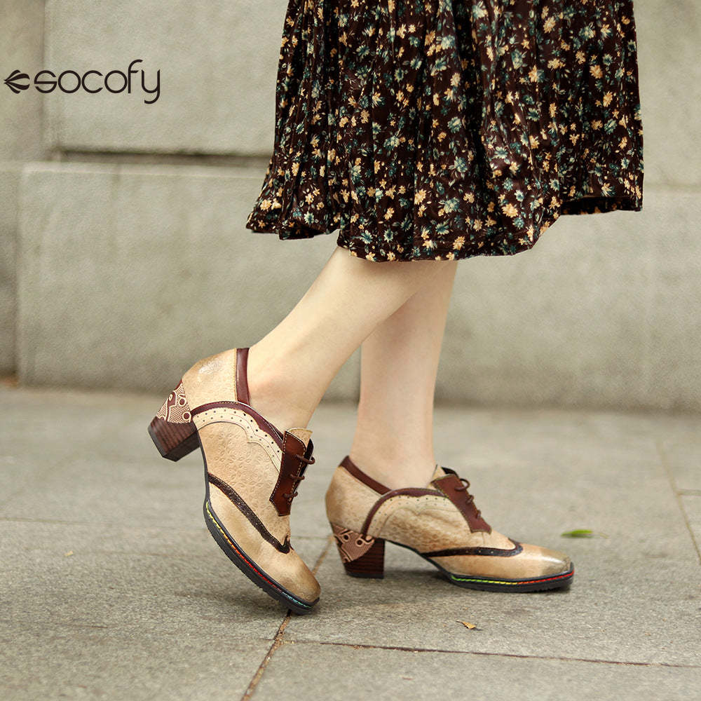 Socofy new spot genuine leather retro style contrasting brogue casual women's thick heel high heels