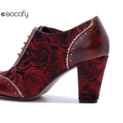 Socofy Genuine Leather Women's Leather Rivets Vintage French Court Style Elegant High Heels