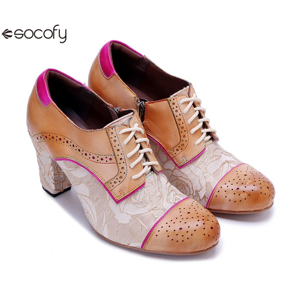 Socofy Genuine leather vintage splicing rose fashion lace-up high heels shoes