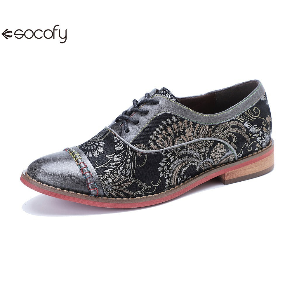 Socofy Handmade Leather Vintage Lace-Up Flats Loafers Shoes