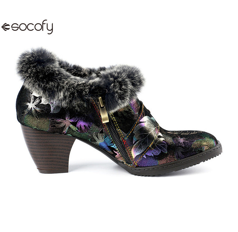 Socofy Vicconfy Genuine Leather Vintage Genuine Wool Patchwork Vintage Illusion Pumps