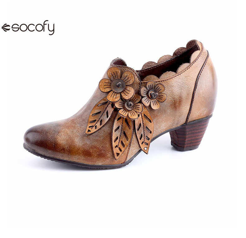 Socofy Genuine Leather Handmade Vintage Fashion Side Zipper High Heels Women's Shoes