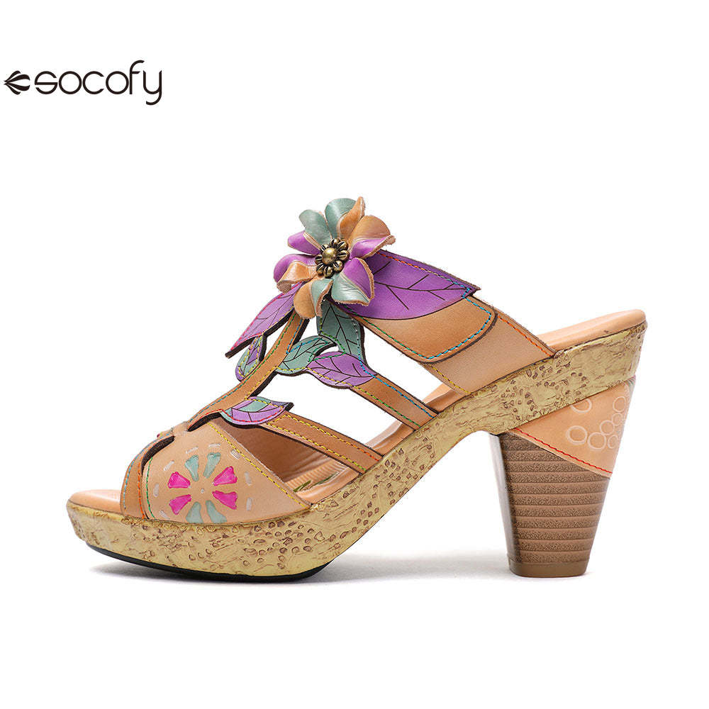 Socofy Vicconfy Flower Patchwork Head Cowhide High Heel Women's Sandals Slippers