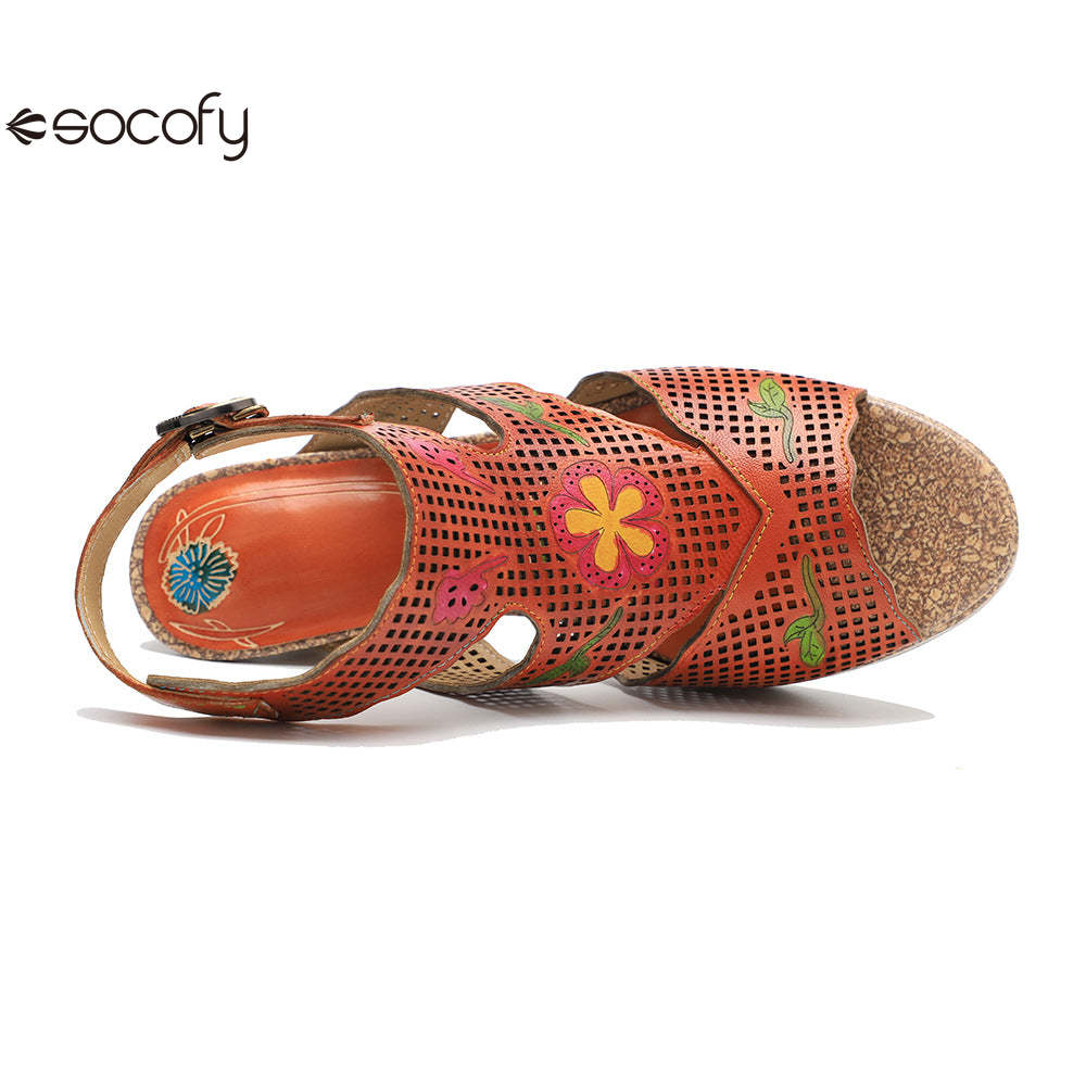 Socofy new retro genuine leather hollow color layer leather high heel sandals