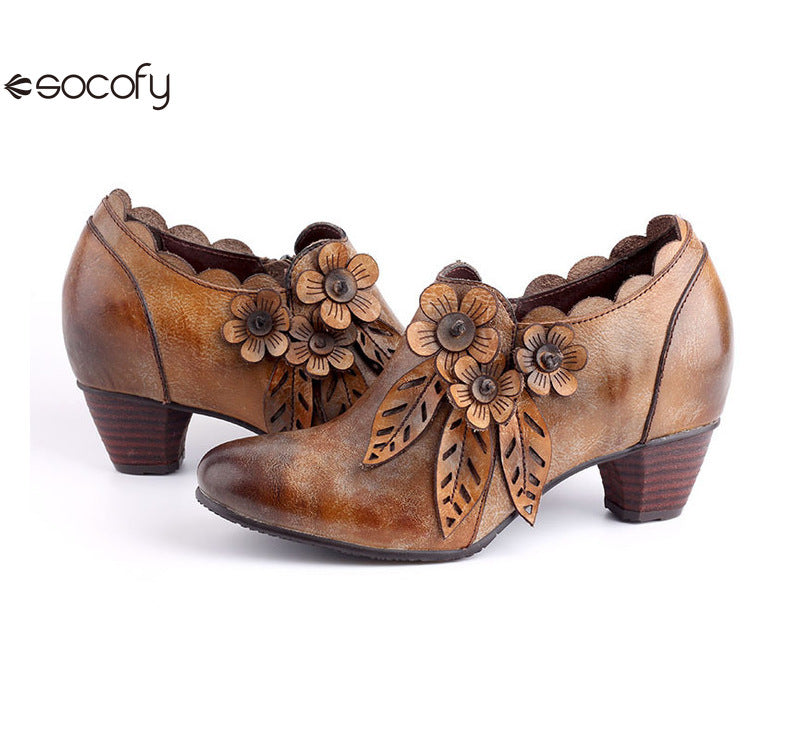 Socofy Genuine Leather Handmade Vintage Fashion Side Zipper High Heels Women's Shoes