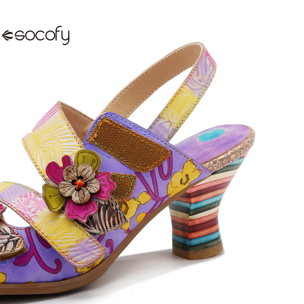 Socofy new summer style genuine leather retro three-dimensional flower rainbow and wine glass sandals for women