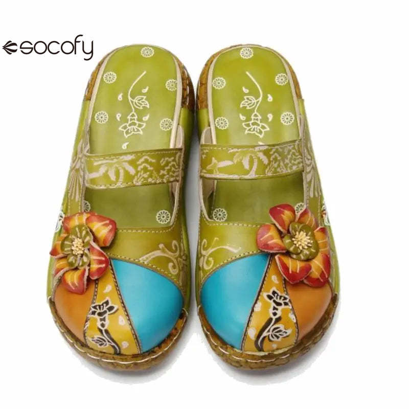 Socofy Flower Genuine Leathe Handmade Slides Flip Flop Women Slippers