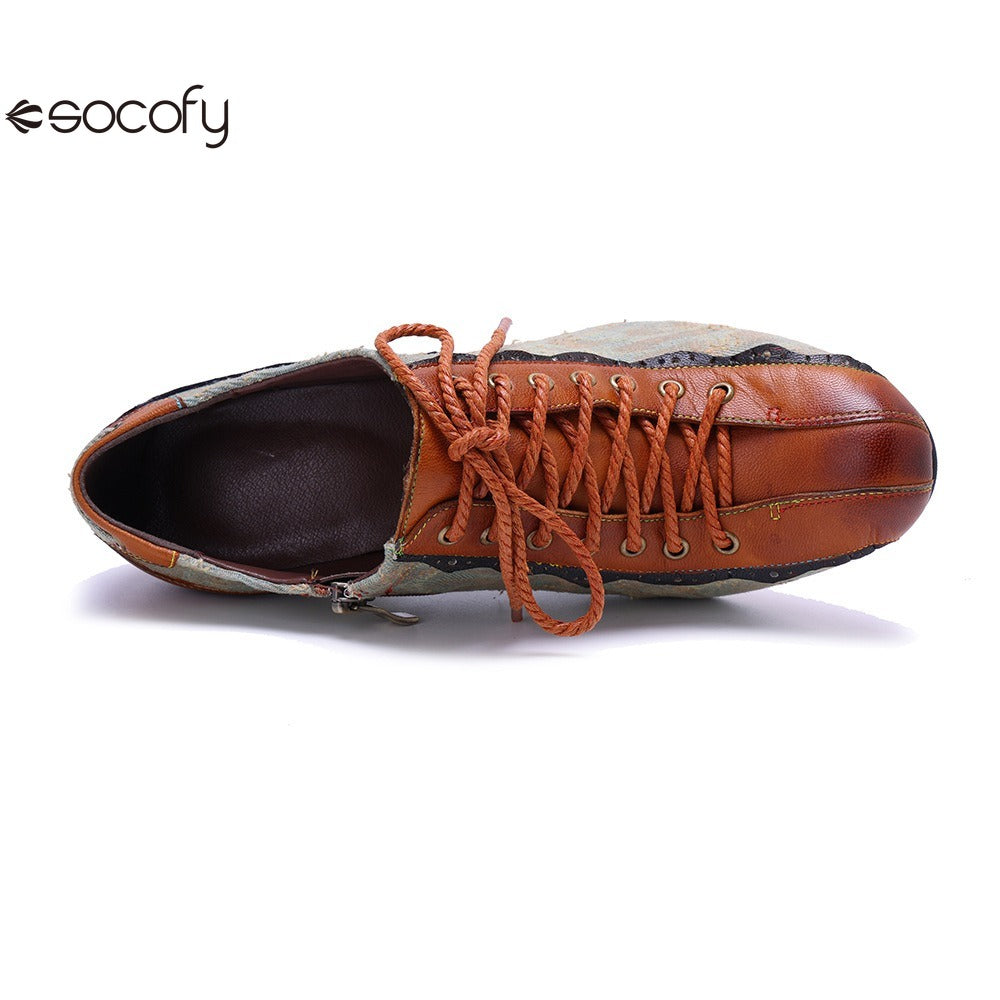 Socofy Genuine Leather Retro Fashion Lace Up Heels pumps