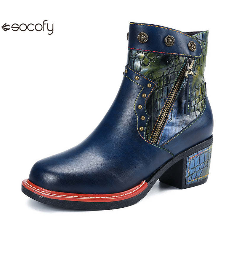 Socofy Vicconfy Women's Martin Boots Leather Patchwork Ethnic Vintage Short Boots