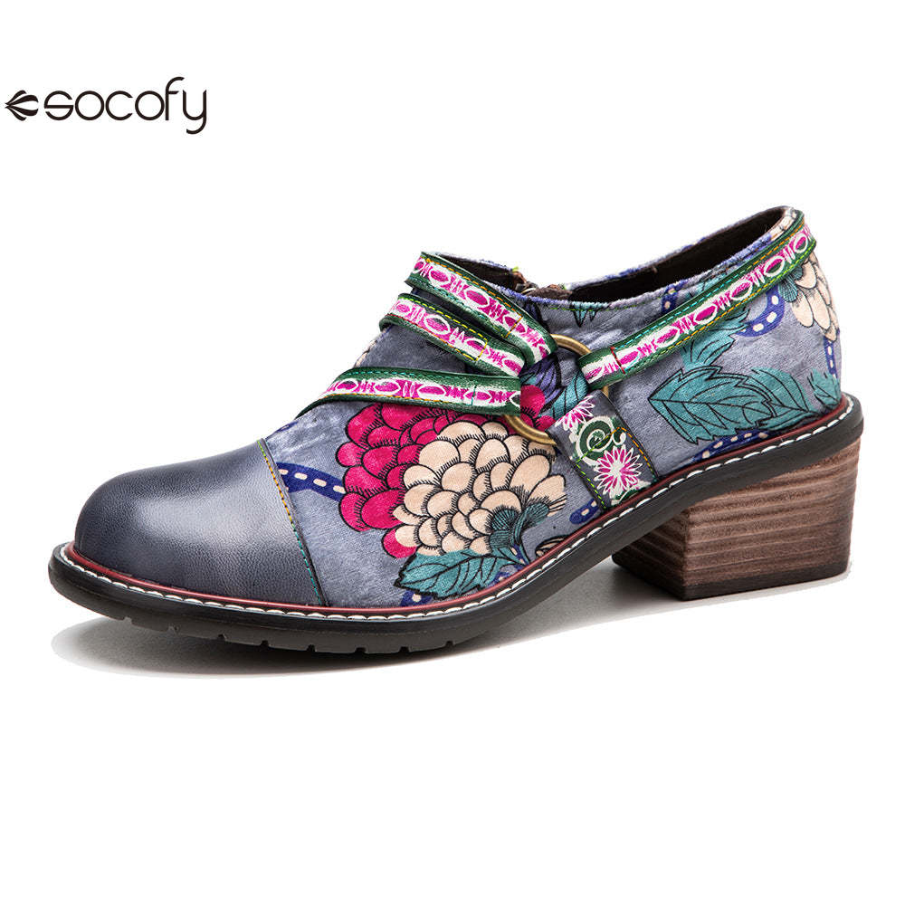 Socofy Leather Patchwork Vintage Graffiti Oxfords Brogues