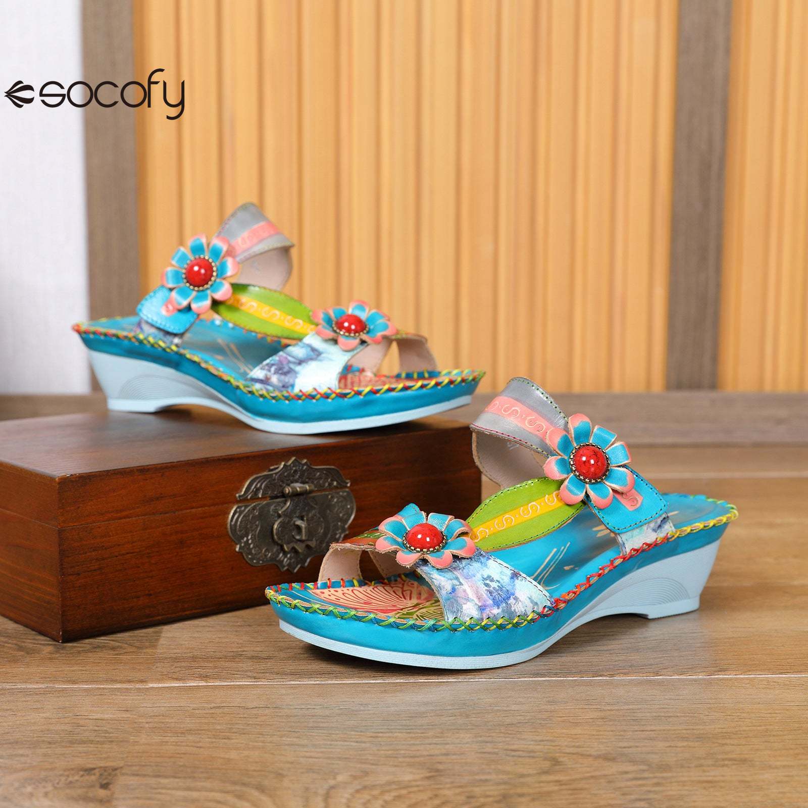 Socofy summer fashionable flower women's shoes ethnic style retro casual leather wedge slippers