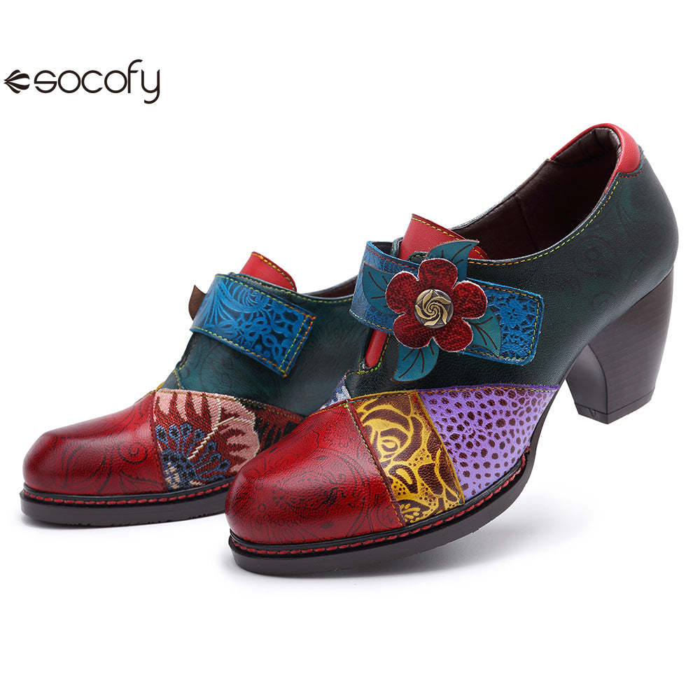 Socofy retro printing splicing ethnic style high heels women's shoes