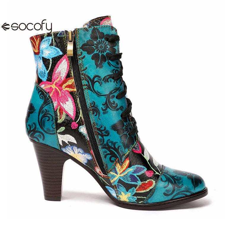 Socofy Vicconfy Ethnic Cowhide Handmade Vintage Flower High Heel Women's Boots