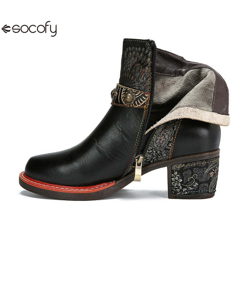 Socofy Vicconfy Ethnic Women's Leather Boots Side Zipper Fashion Boots