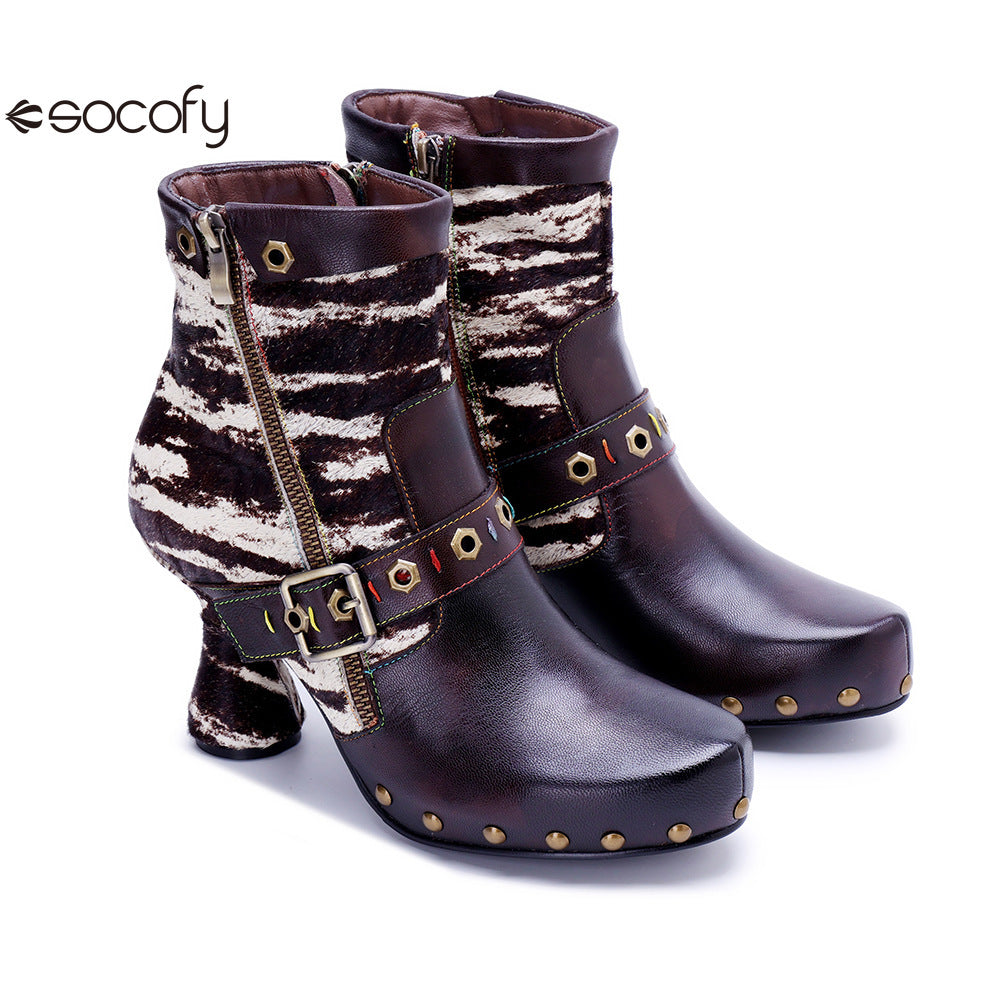 Socofy Vicconfy Retro Handmade Zebra Pattern Buckle Ankle Boots