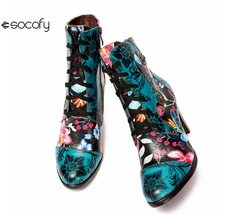 Socofy Vicconfy Ethnic Cowhide Handmade Vintage Flower High Heel Women's Boots