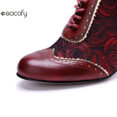 Socofy Genuine Leather Women's Leather Rivets Vintage French Court Style Elegant High Heels