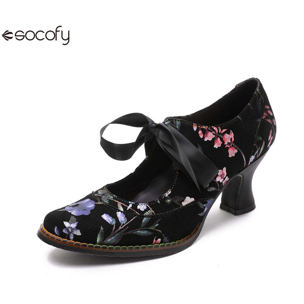 Socofy Flower Antique Style High Heel Round Toe Women's Shoes