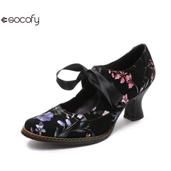 Socofy Flower Antique Style High Heel Round Toe Women's Shoes