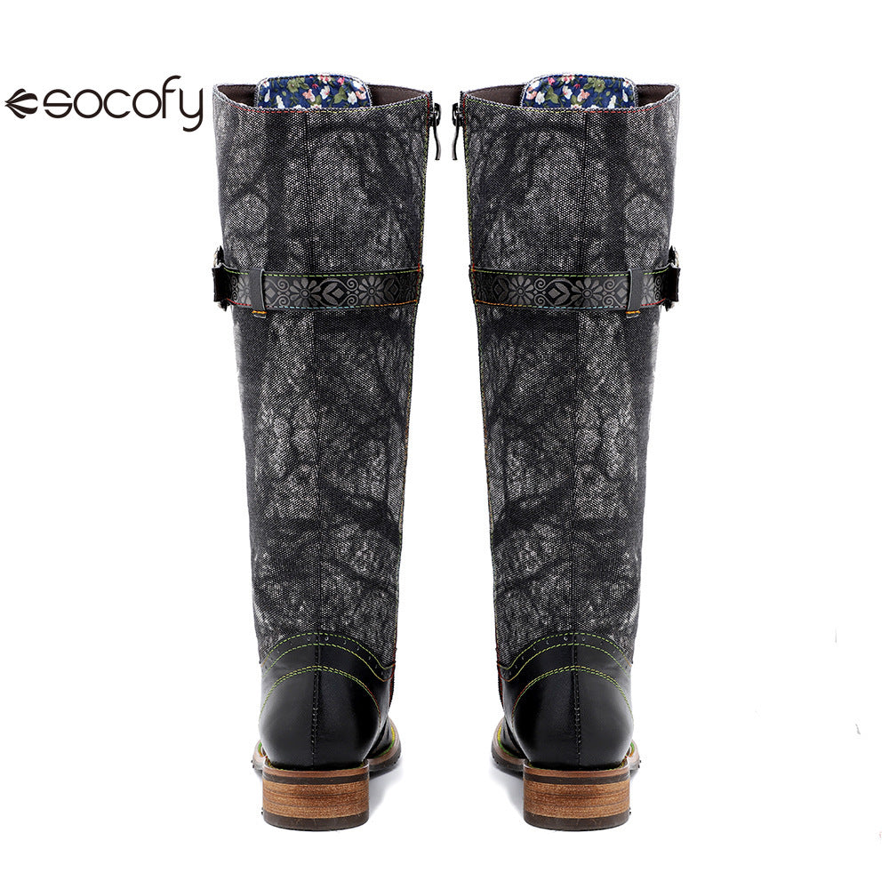 Socofy Vicconfy Genuine Leather Dark Flower Lace Up Flat Boots