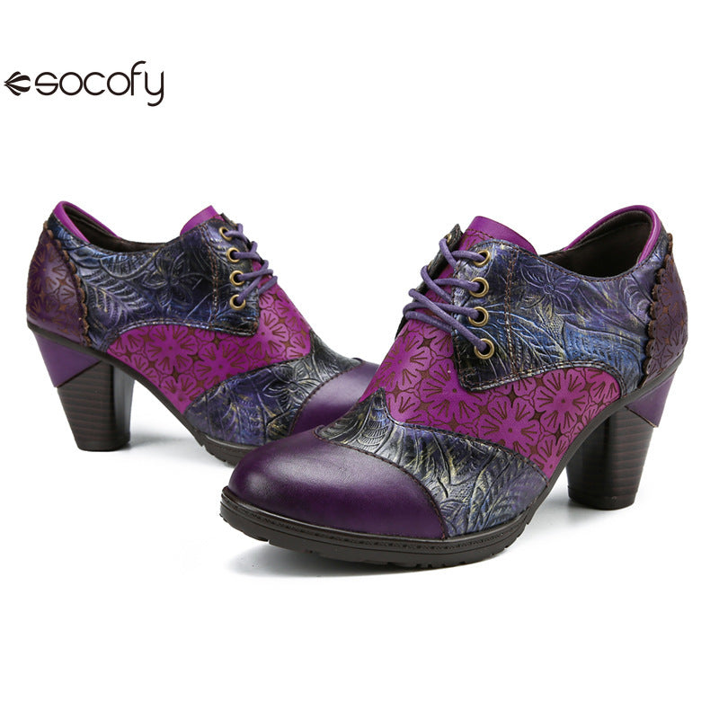 Socofy Genuine leather three-dimensional flower high heel pump