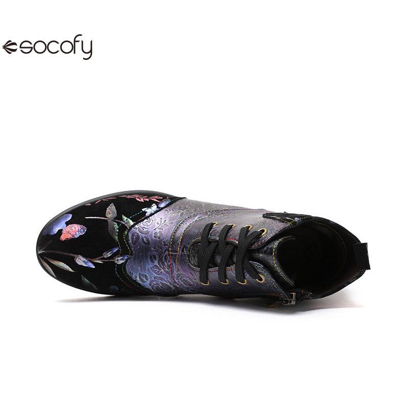 Socofy Vicconfy Genuine Leather Ethnic Illusion Blue Purple Vintage Ankle Boots