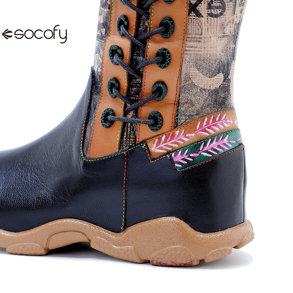 Socofy Vicconfy Printed Patchwork Padded Comfort Flat High Boots