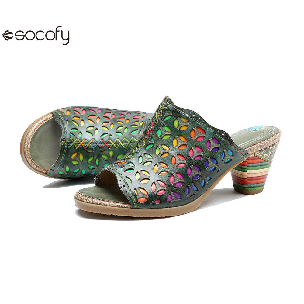 Socofy summer leather rubbed retro colourful hollow out high heel sandals