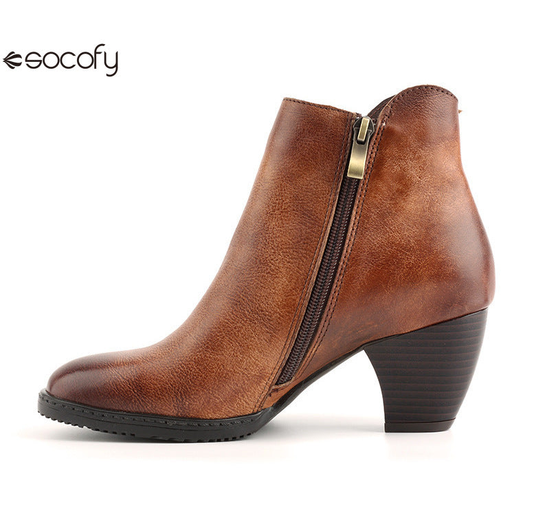 Socofy Genuine Leather Handmade Square Toe Vintage Handmade Flower Boots Woman