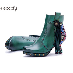 Socofy Vicconfy Retro Handmade Side Fringe Ankle Boots