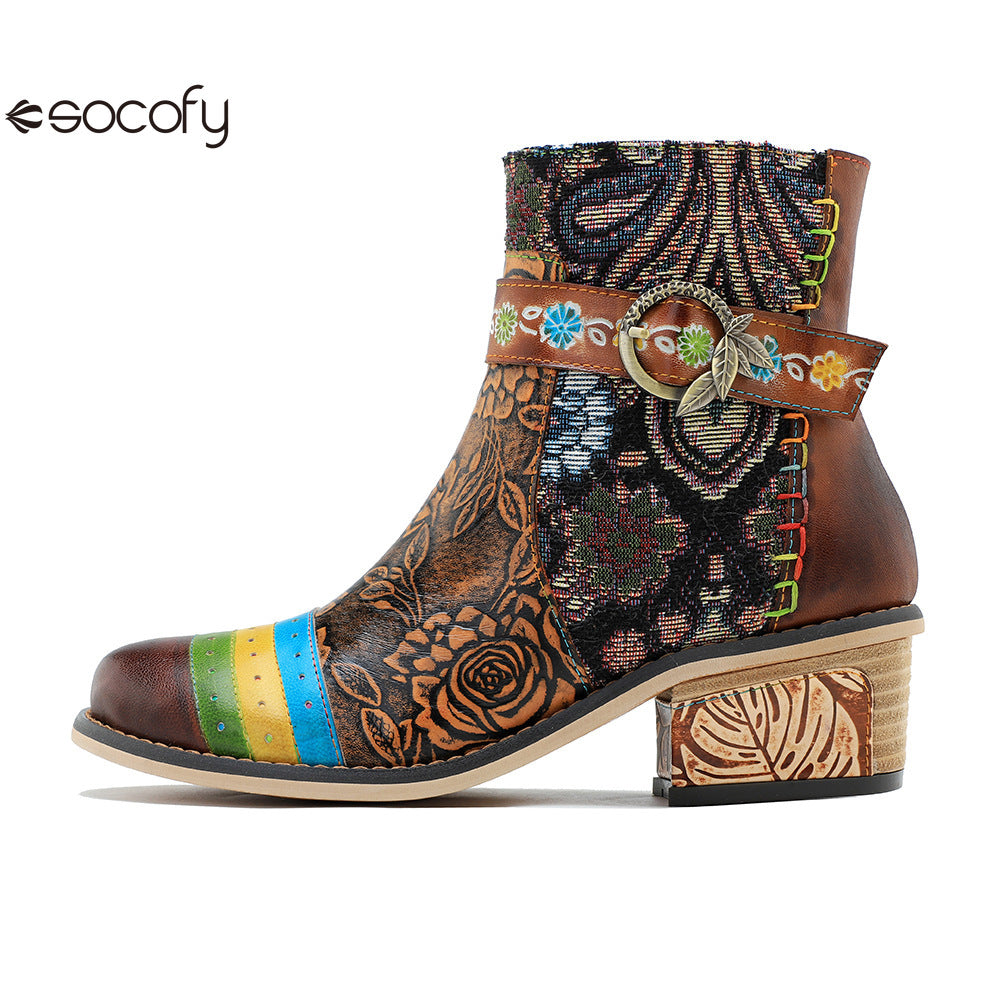 Socofy Vicconfy Genuine Leather Floral Vintage Casual Comfort Ankle Boots