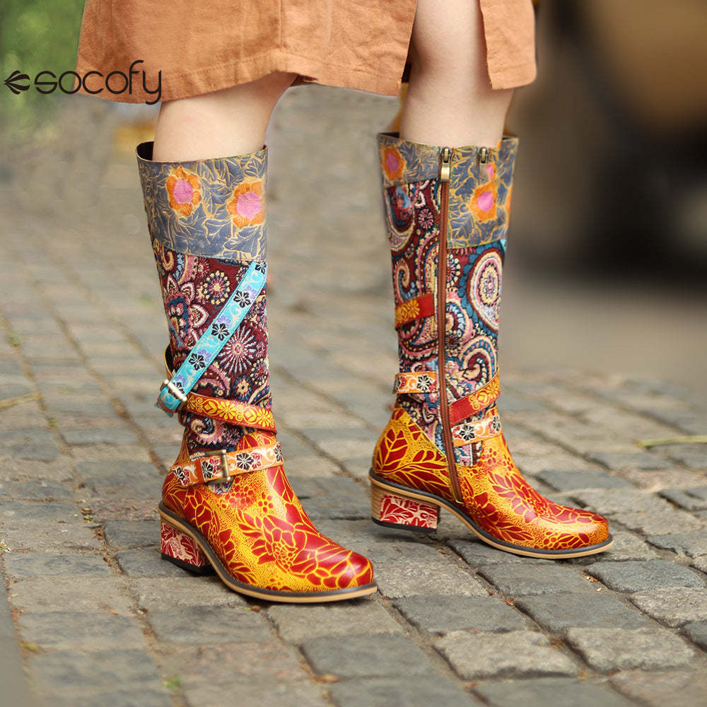 Socofy Leather Vintage Print Chunky Heel Knee Women's Boots