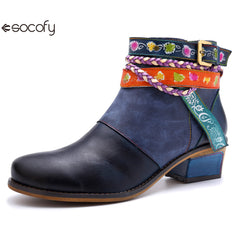 Socofy Vicconfy Genuine Leather Braided Strap Cowboy Style Women's Boots