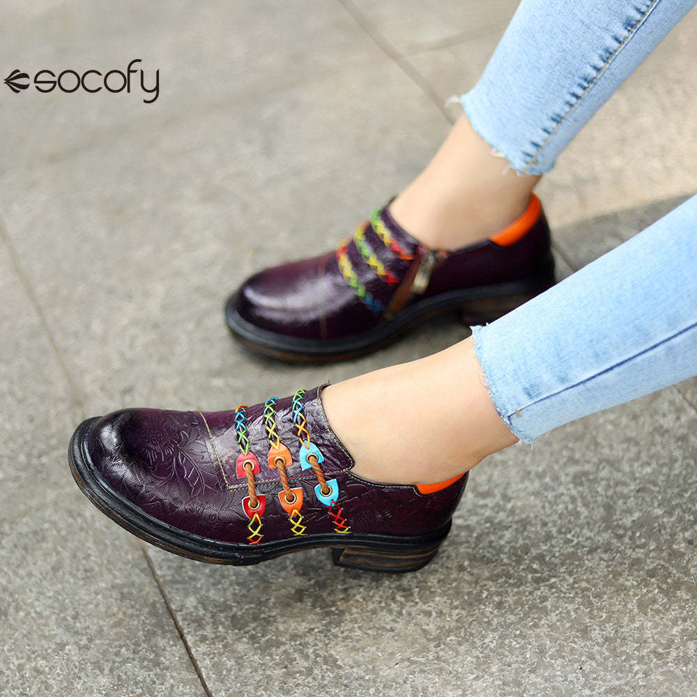 Socofy Genuine Leather Colourful Rope Deco Ethnic Printed Women's Flat Shoes