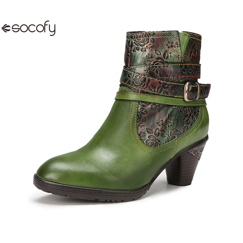 Socofy Vicconfy Genuine Leather Embossed Buckle Vintage Ankle Boots