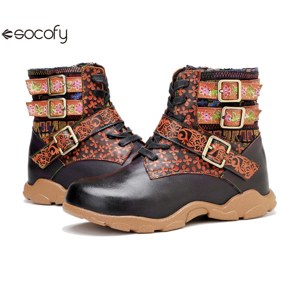 Socofy Vicconfy Leather Handmade Color Rubbed Printed Belt Buckle Flat Women's Boots