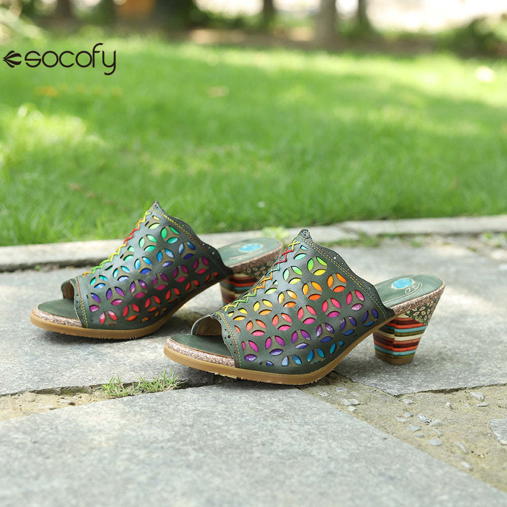 Socofy summer leather rubbed retro colourful hollow out high heel sandals