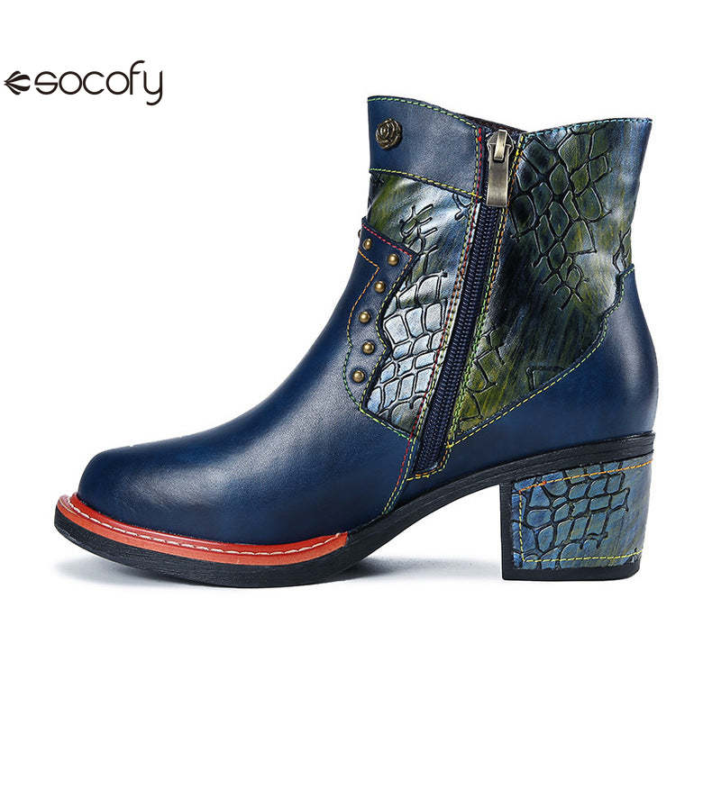 Socofy Vicconfy Women's Martin Boots Leather Patchwork Ethnic Vintage Short Boots