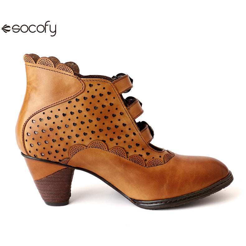 Socofy Vicconfy Retro Cutout High Heel Leather Boots