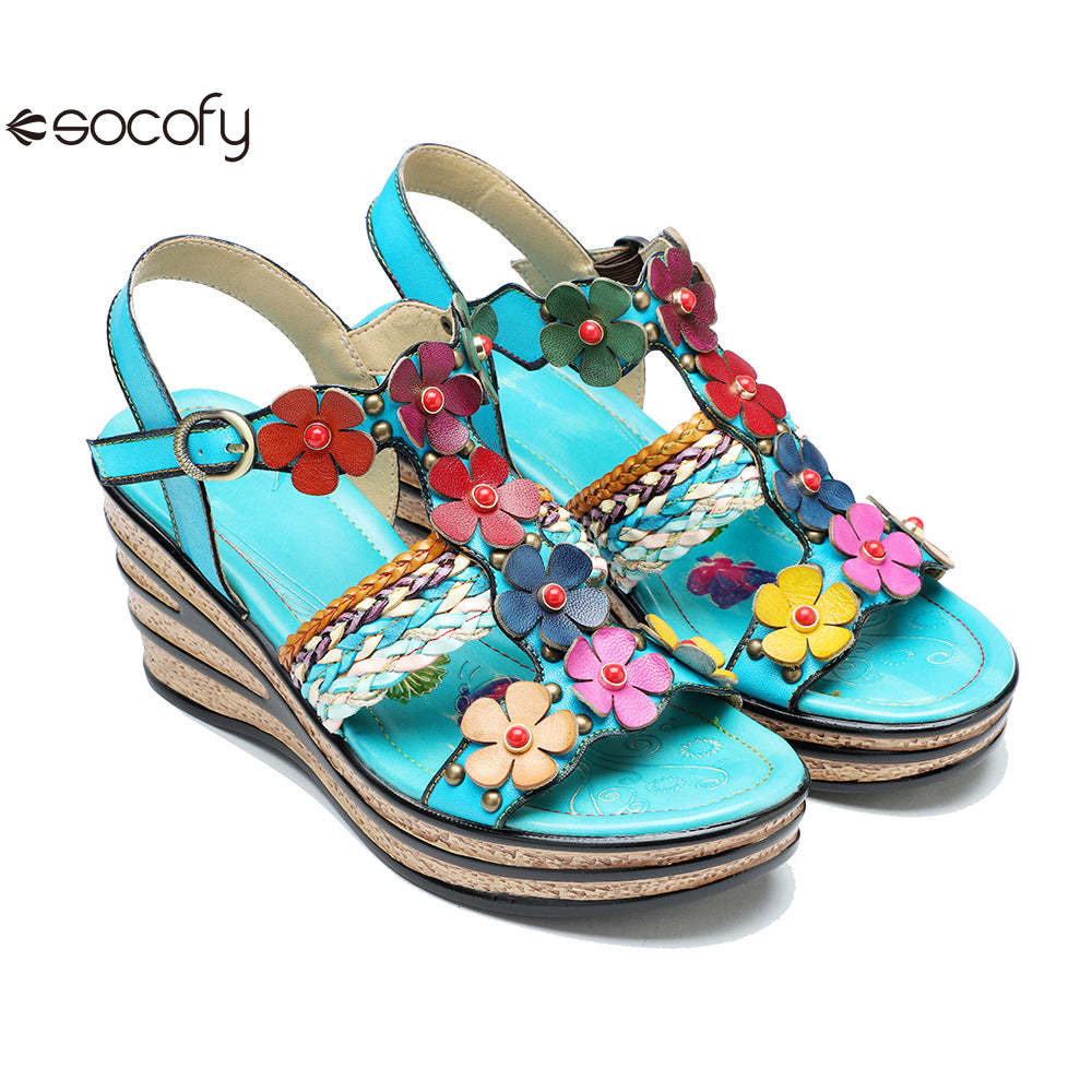 Socofy summer genuine leather bohemian style comfortable wedge sandals for women