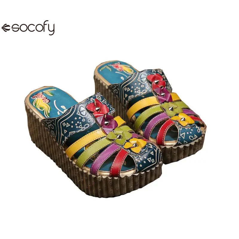 Socofy Genuine Leather National Style Hand-painted Outside Summer Flower Wedges Slides Slippers