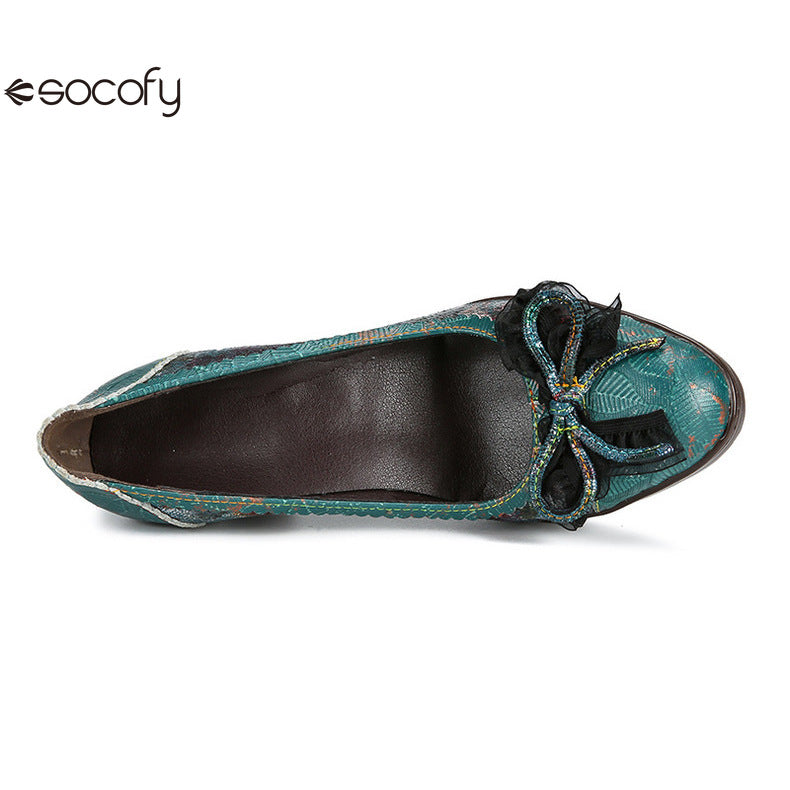 Socofy Vicconfy Genuine Leather Bow High Heels Shoes