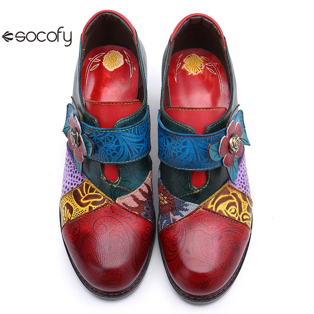 Socofy retro printing splicing ethnic style high heels women's shoes