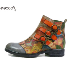 Socofy Low-top genuine leather brown round toe trendy women's fashion boots