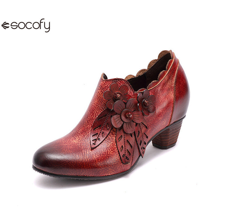 Socofy Genuine Leather Handmade Vintage Fashion Side Zipper High Heels Women's Shoes