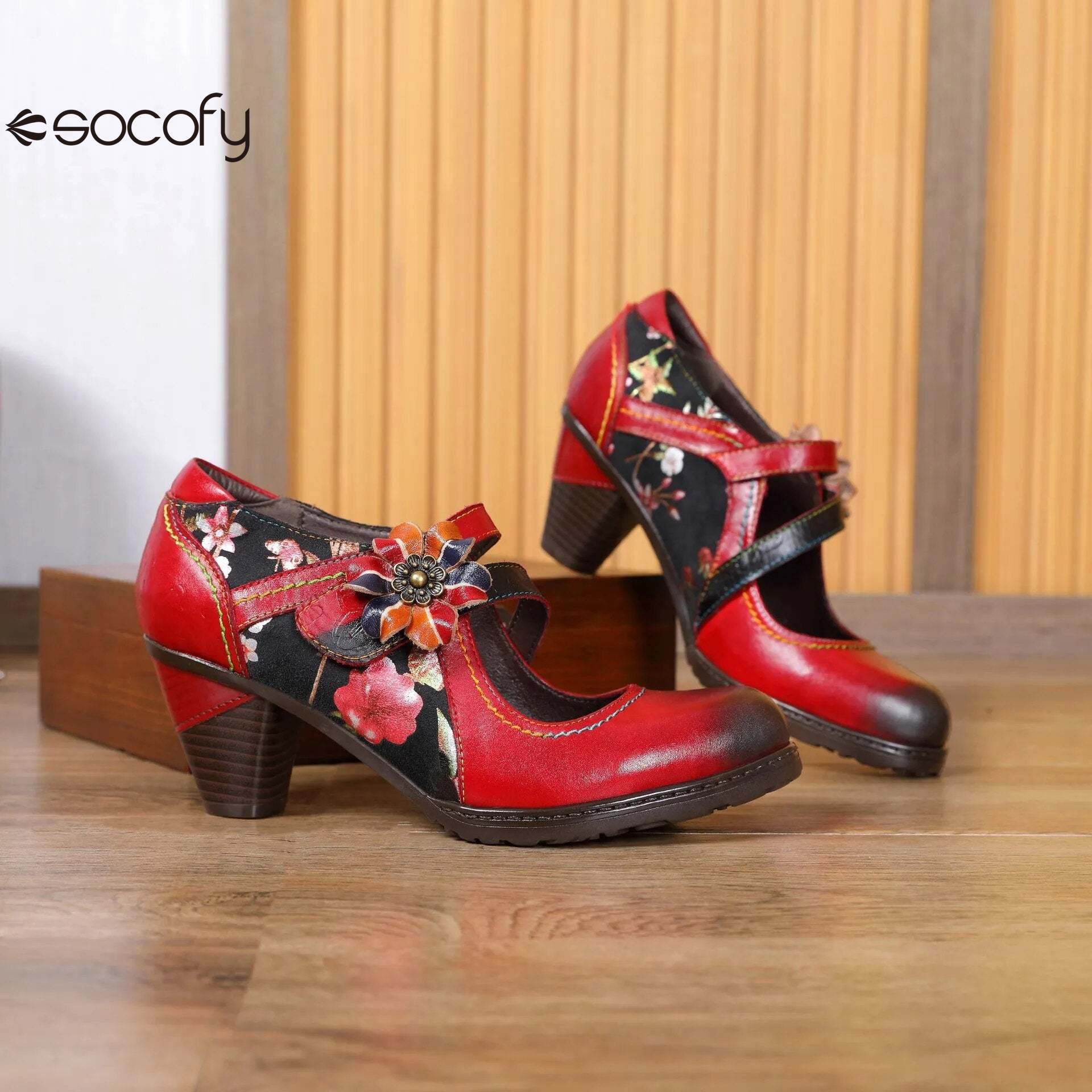 Socofy Vicconfy Colorful Stitching Painted Flower Spring Hook Loop Genuine Leather Spike Heels Round Toe Women Pumps