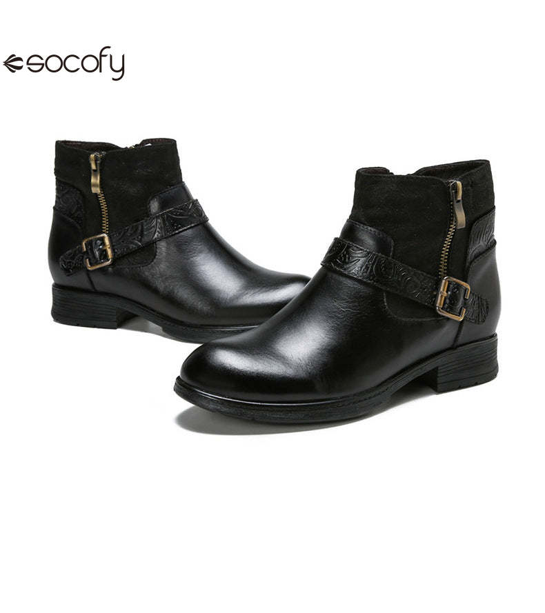 Socofy Vicconfy Women's Round Toe Cowhide Ethnic Leather Boots Fashion Boots