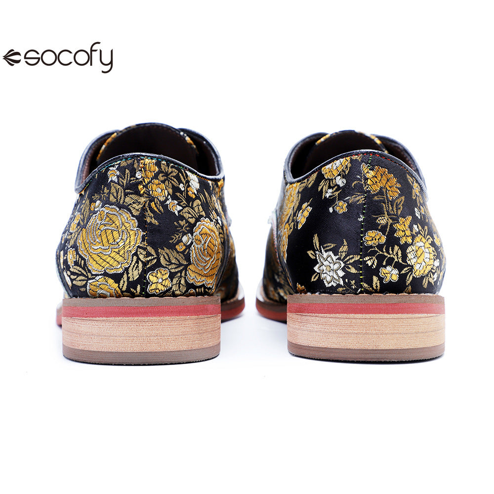 Socofy Genuine Leather Retro Flat Print Casual Lace-up Loafers Shoes