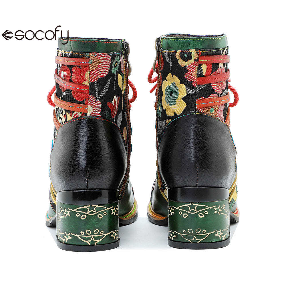 Socofy Vicconfy Handmade Genuine Leather Printed Patchwork Colorful Strappy Chunky Heel Women's Boots